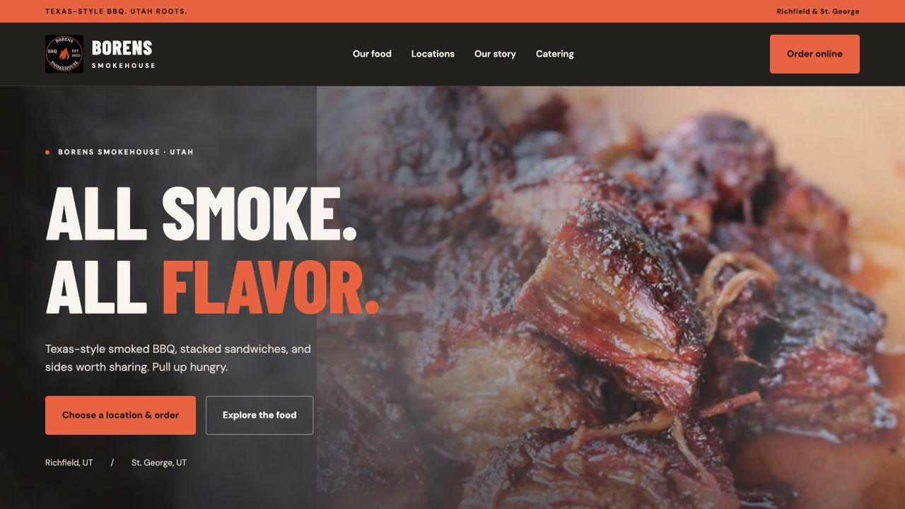 Boren’s Smokehouse live homepage with food imagery and an online ordering link