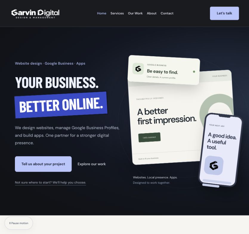 Garvin Digital homepage showing its bold blue headline and website, Google profile, and app visuals