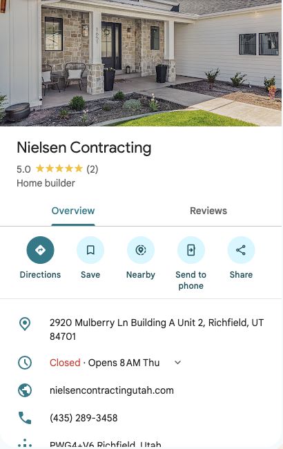 Nielsen Contracting public Google Maps business profile, captured October 21, 2026