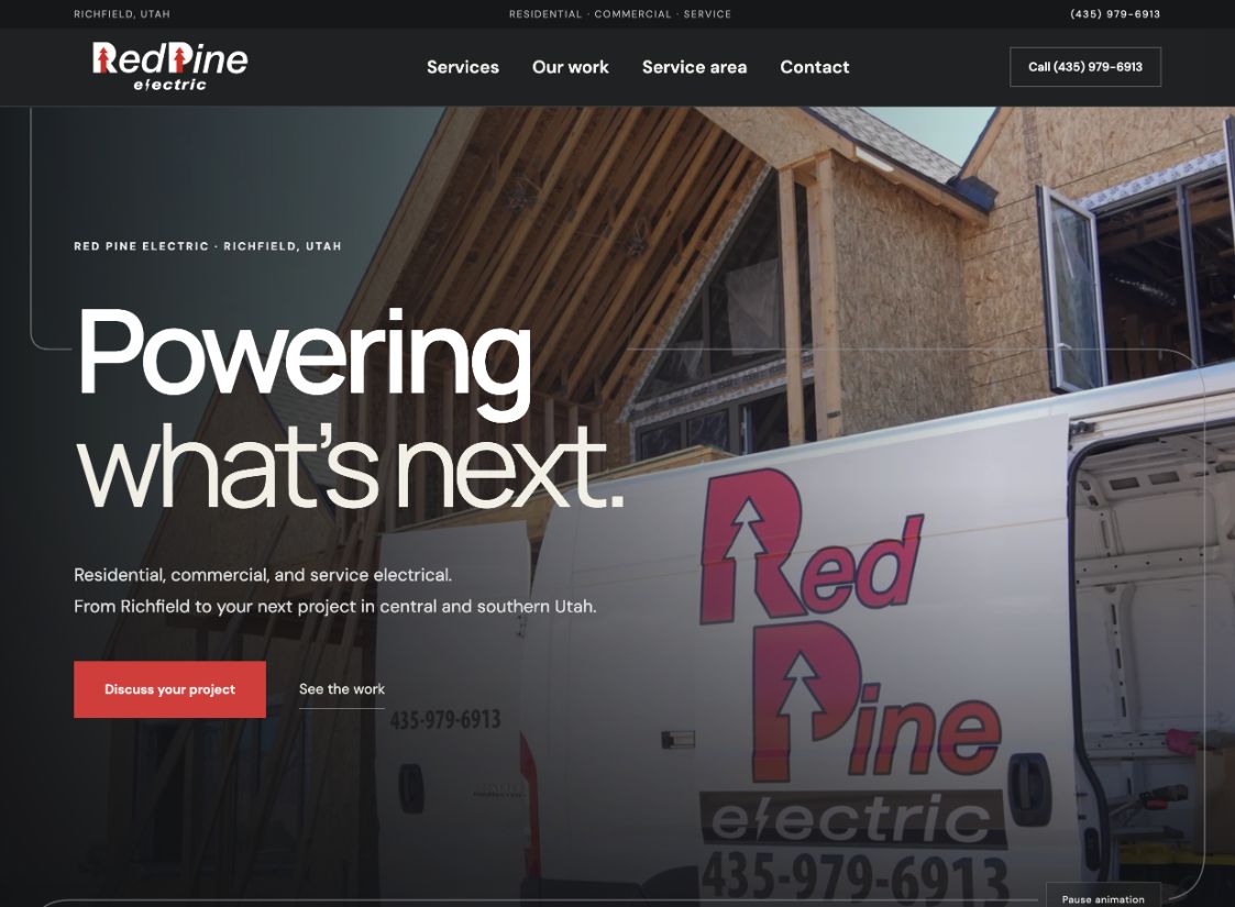 Red Pine Electric homepage with jobsite photography and the headline Powering what’s next.
