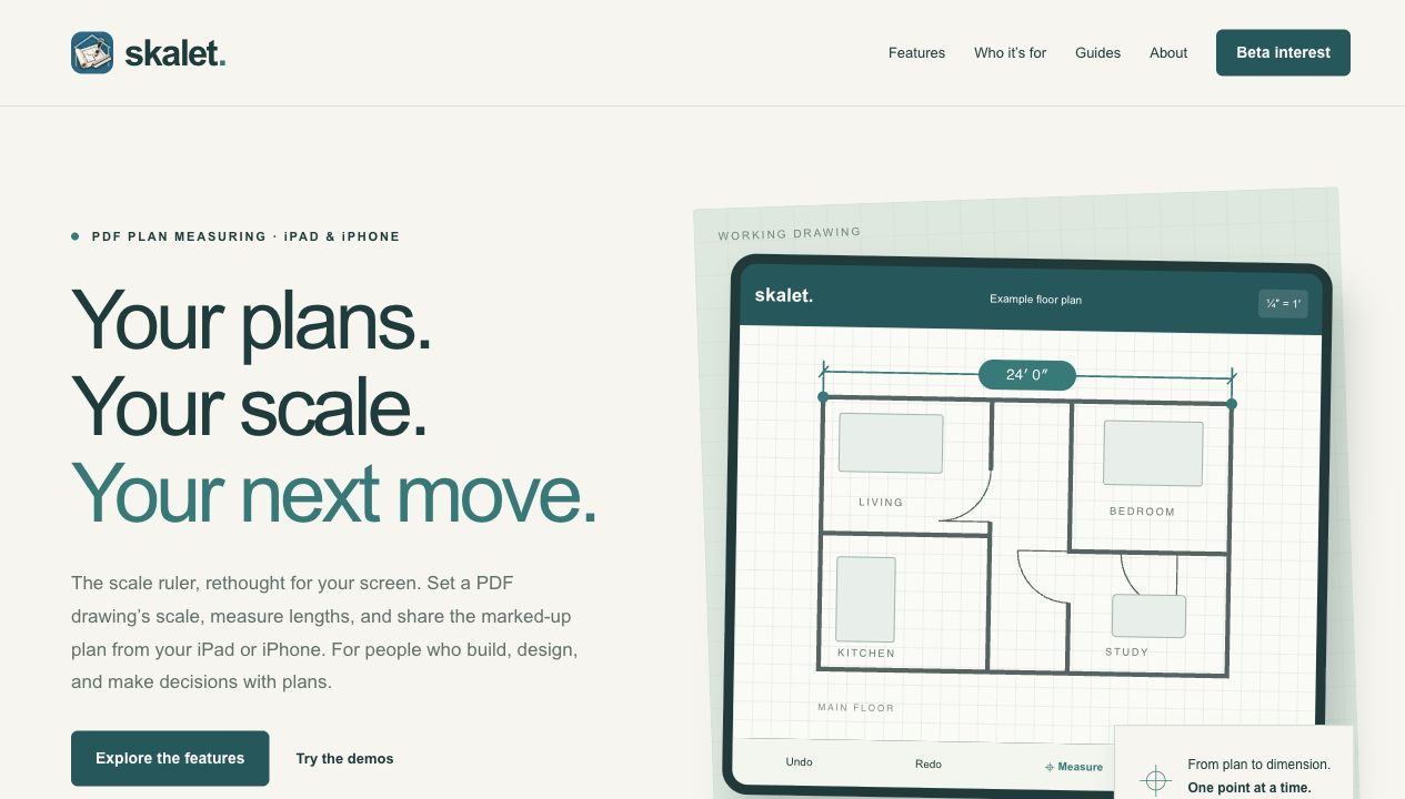 Skalet’s live website with its Your plans Your scale Your next move headline and illustrated PDF measuring workspace